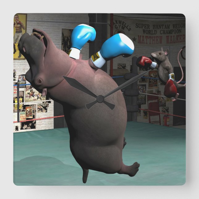 Mouse Beats Hippo KO Square Wall Clock (Front)