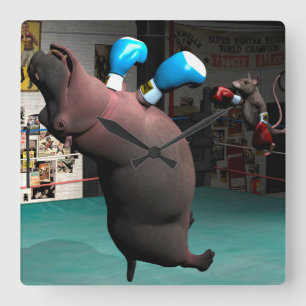 Mouse Beats Hippo KO Square Wall Clock