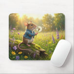 Mouse Blowing Dandelion Seedlings Pad<br><div class="desc">A charming mouse in a denim jacket sits on a log in a vibrant meadow,  blowing on a dandelion and watching its seeds float away in the sunlight</div>