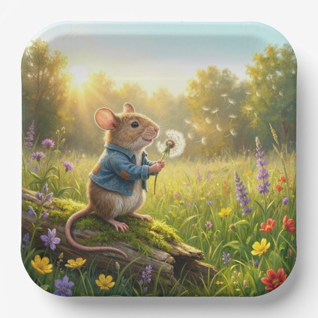 Mouse Blowing Dandelion Seedlings Paper Plate (Front)