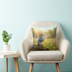 Mouse Blowing Dandelion Seedlings Throw Pillow