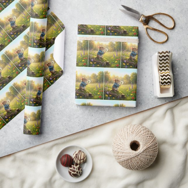 Mouse Blowing Dandelion Seedlings Wrapping Paper (Crafts)