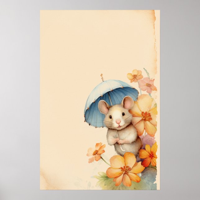 Mouse blue umbrella flowers old paper poster (Front)