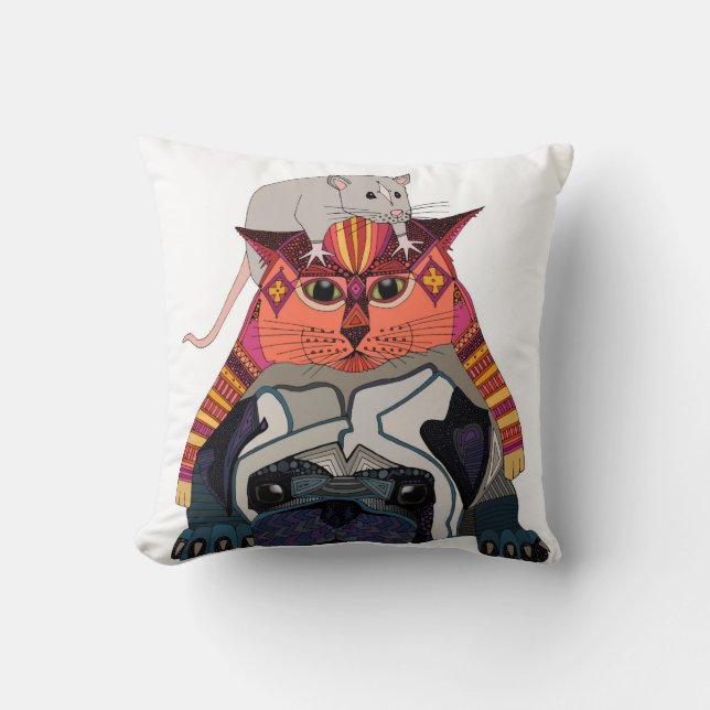 mouse cat pug white throw pillow (Front)