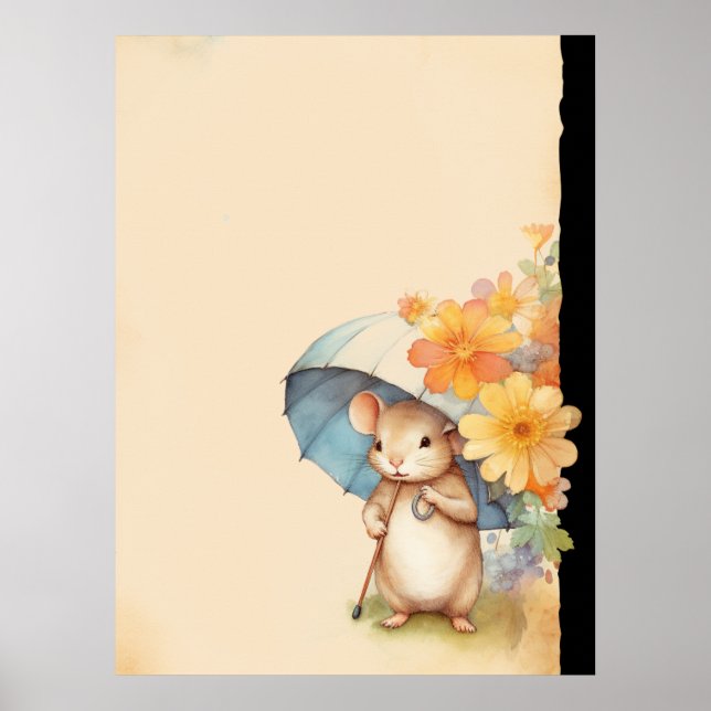 Mouse cute umbrella orange flowers old paper poster (Front)
