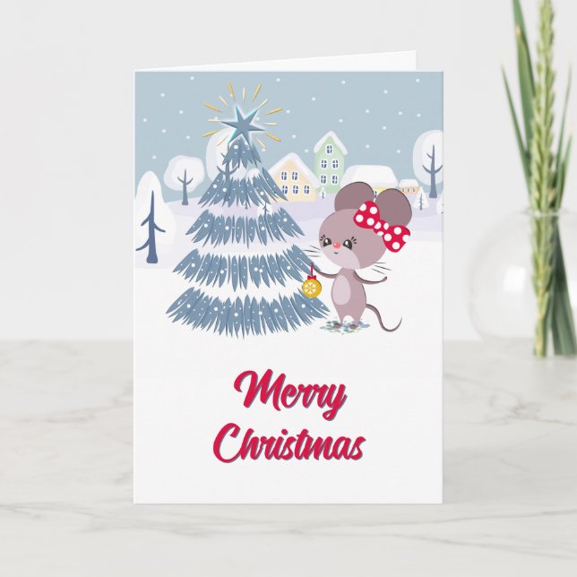 Mouse Decorating Christmas Tree Holiday Card (Front)