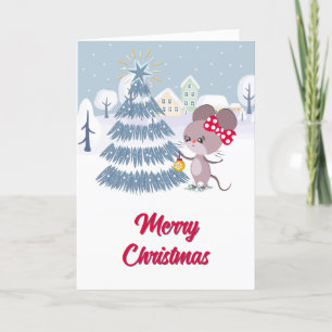 Mouse Decorating Christmas Tree Holiday Card