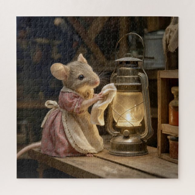 Mouse Dusting an Old Lantern Jigsaw Puzzle (Vertical)