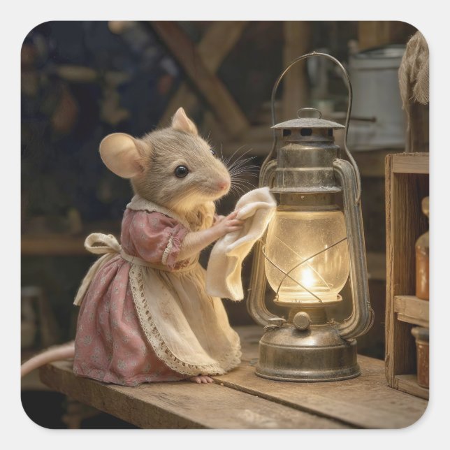 Mouse Dusting an Old Lantern Square Sticker (Front)