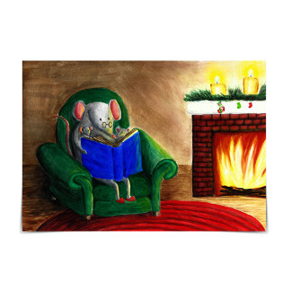 Mouse Family Reading by Fireplace Christmas Card