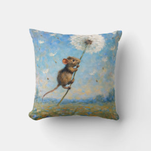Mouse Floating On a Fluffy Dandelion Throw Pillow