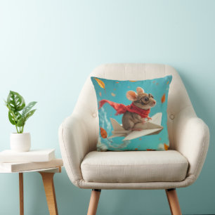 Mouse Flying a Paper Airplane Throw Pillow