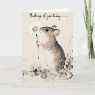 Mouse Holding a Flower Thinking Of You Card