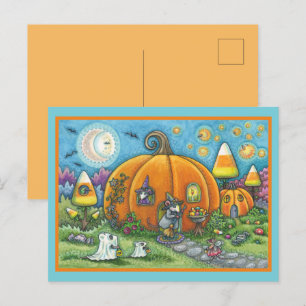 MOUSE HOUSE, LITTLE MICE, TRICK OR TREAT HALLOWEEN POSTCARD