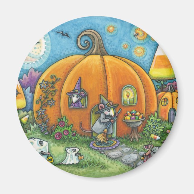 MOUSE HOUSE, TRICK OR TREATERS HALLOWEEN MAGNET Rd (Front)
