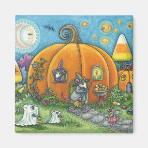 MOUSE HOUSE, TRICK OR TREATERS HALLOWEEN MAGNET Sq