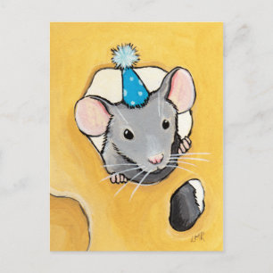 Mouse in a Blue Party Hat - Animal Art Postcards
