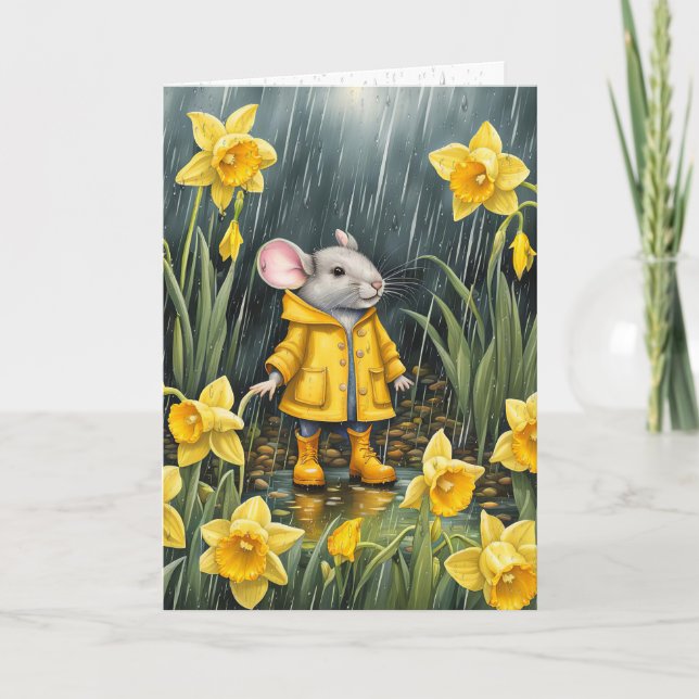 Mouse In a Rainy Daffodil Garden Card (Front)
