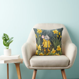Mouse In a Rainy Daffodil Garden Throw Pillow