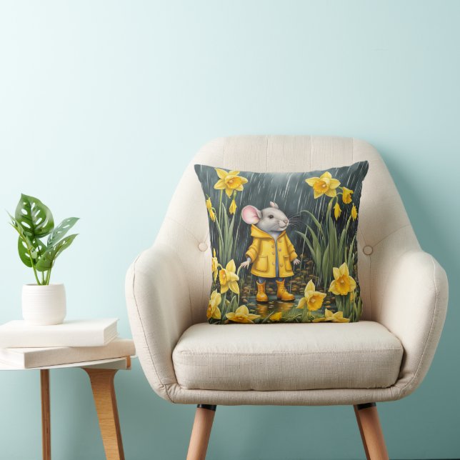 Mouse In a Rainy Daffodil Garden Throw Pillow (Chair)