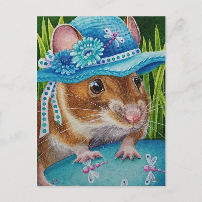Mouse in Bonnet Found Blue Egg Watercolor Art Postcard (Front)