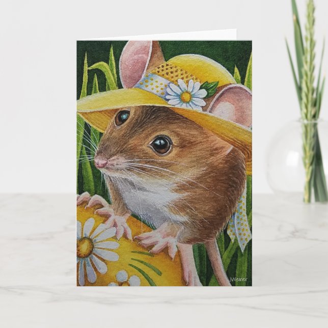 Mouse in Bonnet Found Yellow Egg Watercolor Art Card (Front)