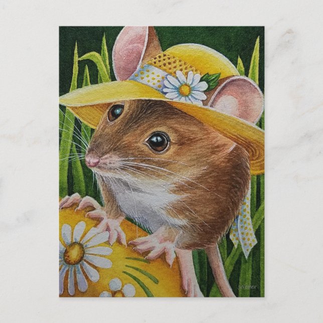 Mouse in Bonnet Found Yellow Egg Watercolor Art Postcard (Front)