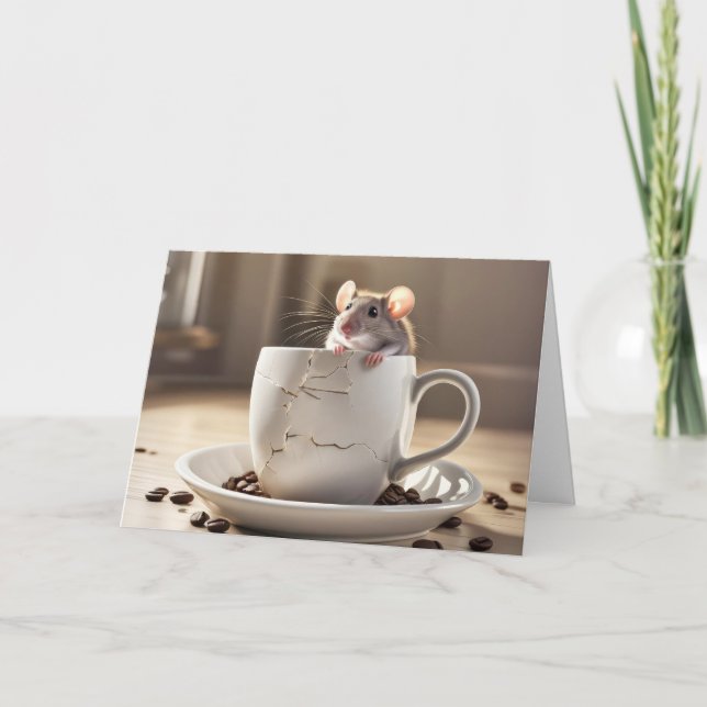 Mouse in Cracked Coffee Cup Card (Front)