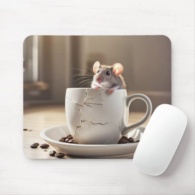 Mouse in Cracked Coffee Cup Mouse Pad (With Mouse)