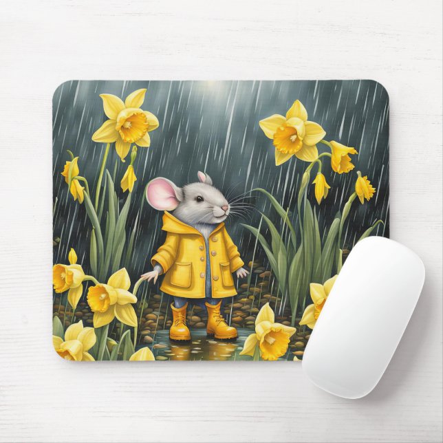 Mouse In Daffodils and Rain Mouse Pad (With Mouse)