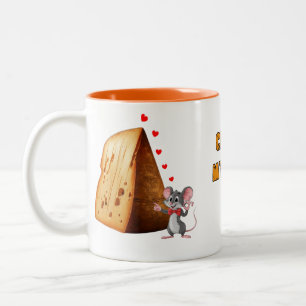 Mouse in Love with a slice of Cheese on a White Two-Tone Coffee Mug