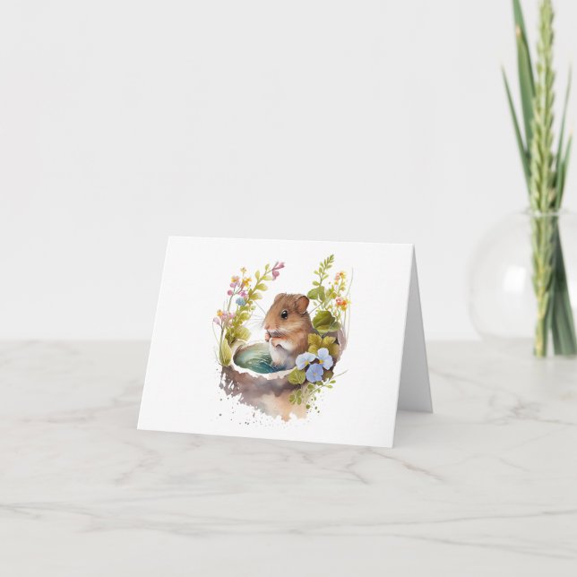 Mouse in Puddle with Flowers BLANK  Card (Front)