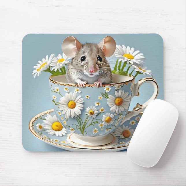 Mouse in Teacup With Daisies Mouse Pad (With Mouse)