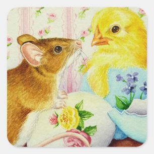 Mouse Meets Baby Chick Easter Watercolor Art Square Sticker