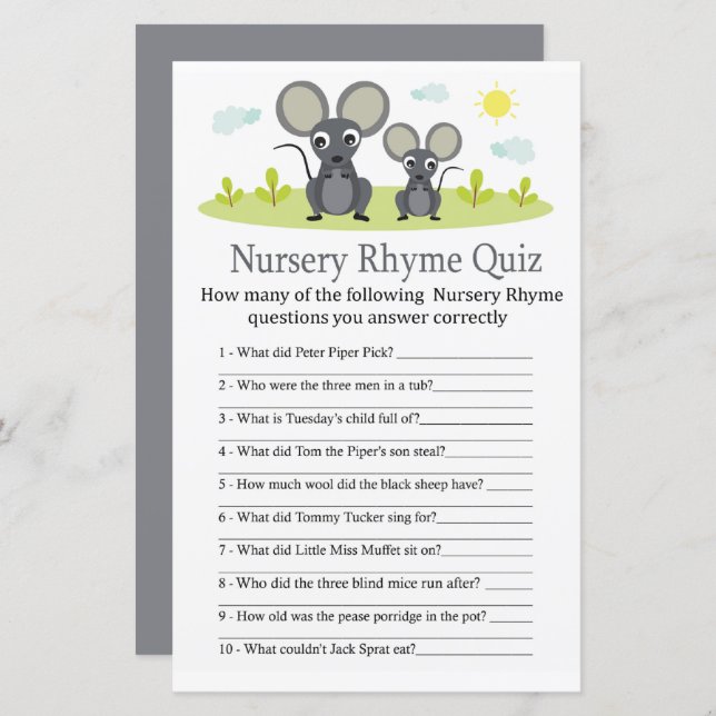 Mouse Nursery Rhyme Quiz baby shower game (Front/Back)