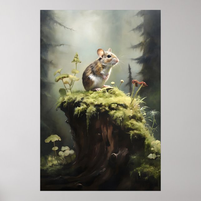 Mouse on stump in forest wall print, dark academia poster (Front)