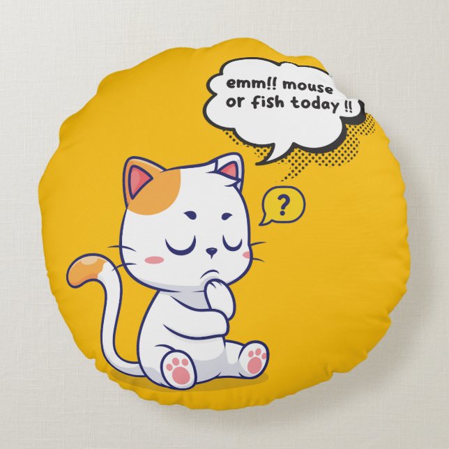 Mouse or Fish? – funny pet- Deep Thinking Cat Round Pillow (Back)