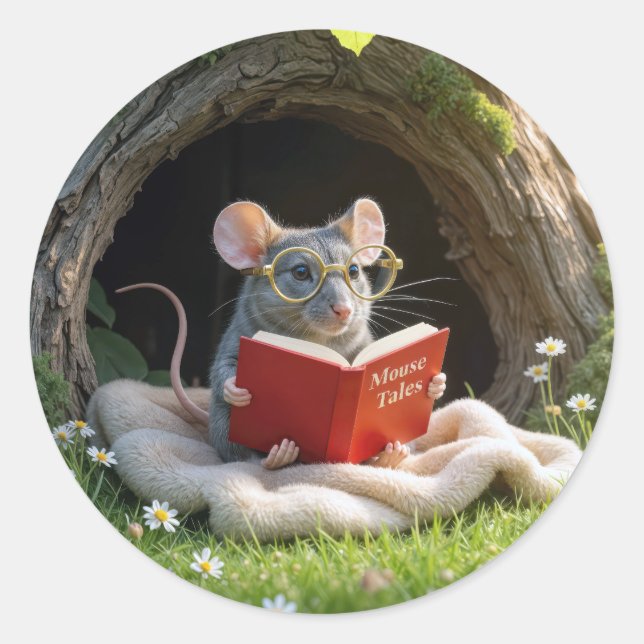 Mouse Reading a Red Book On a Blanket Classic Round Sticker (Front)