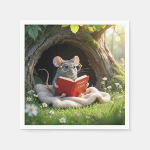 Mouse Reading a Red Book On a Blanket Napkin