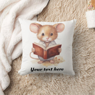 Mouse reading book whimsical cute throw pillow