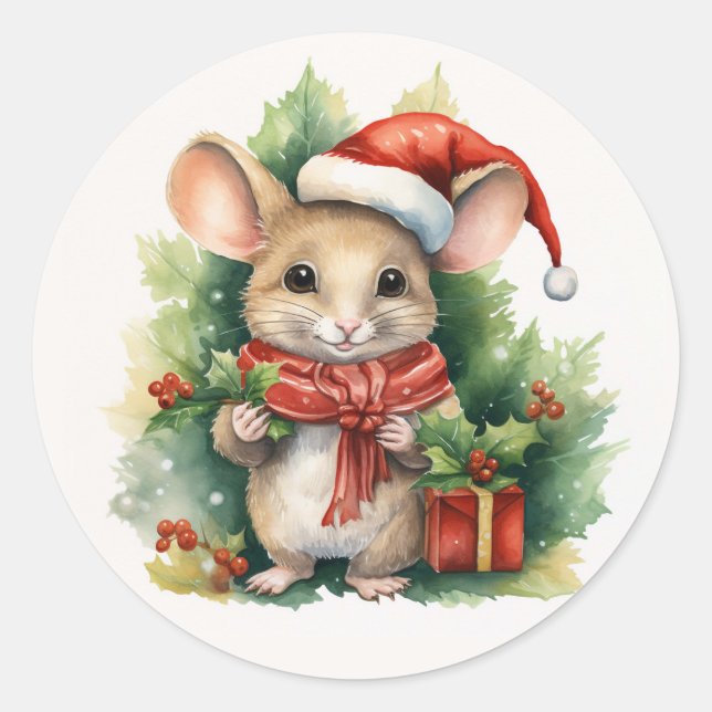 Mouse Red Santa Hat Christmas Holiday Green Name Classic Round Sticker (Front)