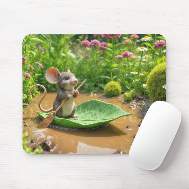 Mouse Rowing a Green Leaf Boat Mouse Pad (With Mouse)