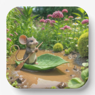 Mouse Rowing a Green Leaf Boat Paper Plate