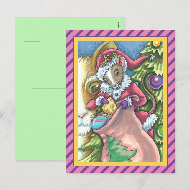 MOUSE SANTA BRINGS GOOD CATS CHRISTMAS GIFTS, Cute Holiday Postcard (Front/Back)