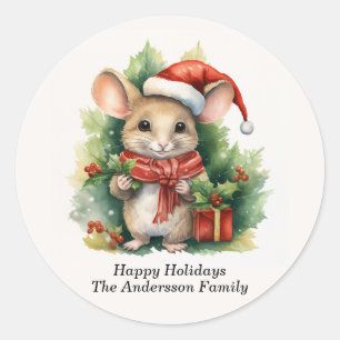 Mouse Santa Hat Happy Holidays Name Classic Round Sticker