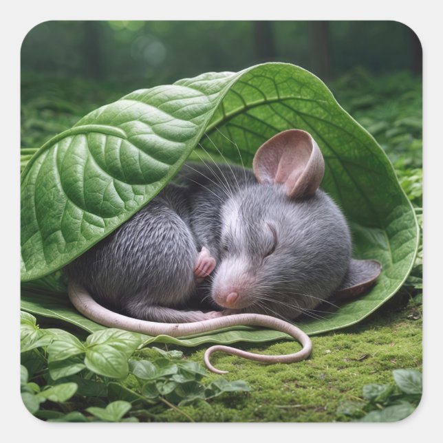 Mouse Sleeping In a Green Leaf Square Sticker (Front)