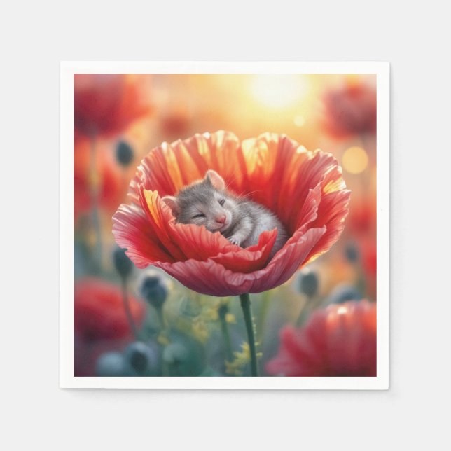 Mouse Sleeping In a Red Poppy Flower Napkin (Front)
