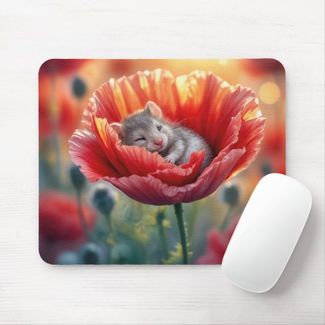 Mouse Sleeping In a Red Poppy Flower Pad (With Mouse)