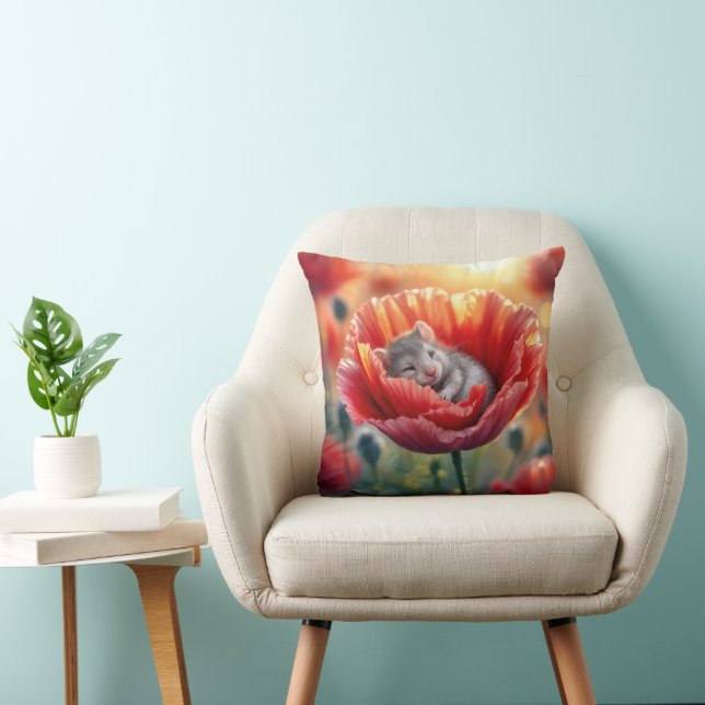 Mouse Sleeping In a Red Poppy Flower Throw Pillow (Chair)