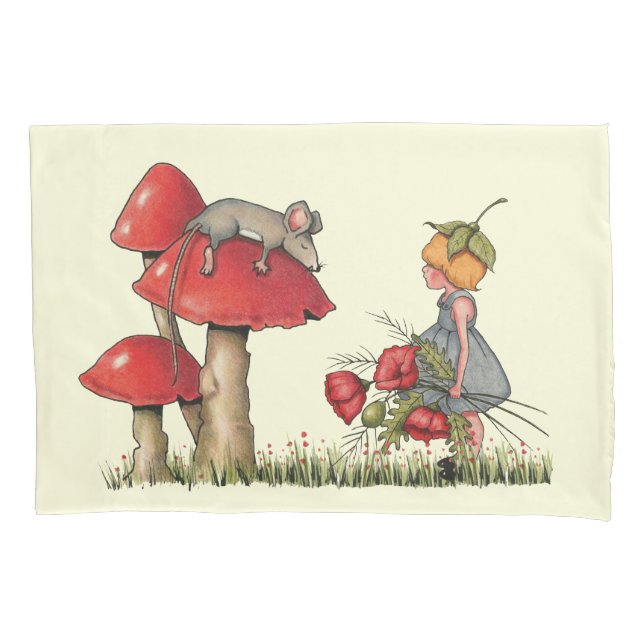 Mouse Sleeping on a Toadstool, Girl with Poppies Pillowcase (Front)